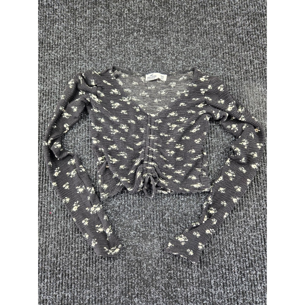 Hollister XXS Black Floral Ruched Front‎ Long Sleeve Crop Top  Textured Knit